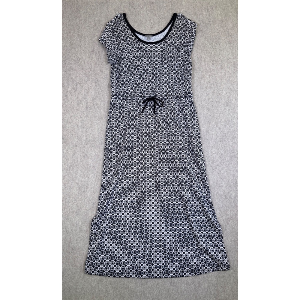 k138. T by Talbots Black White Geometric Medallion Maxi Dress Drawstring Waist